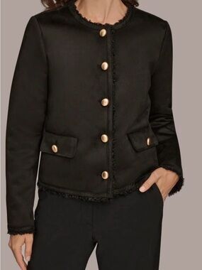 NWT DONNA KARAN Faux Shearling Lined Jacket | Black | Gold Button